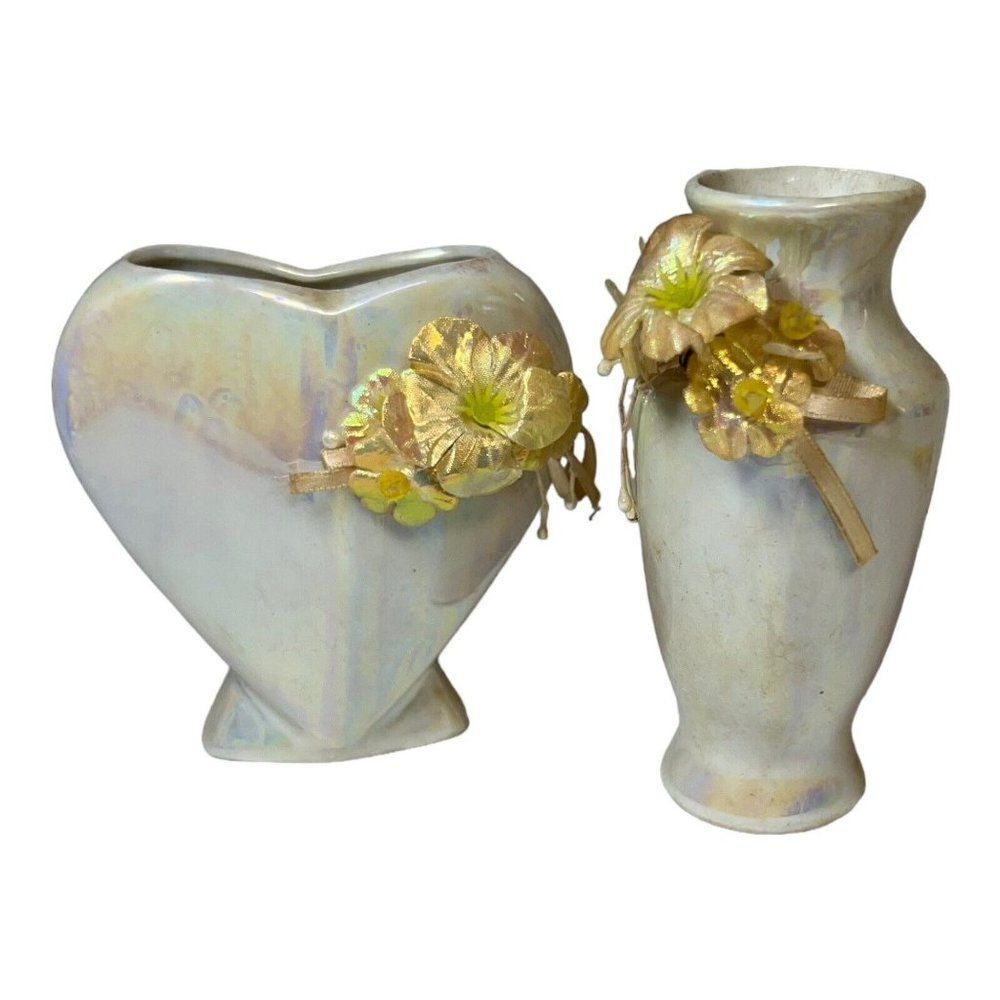 Vintage Set  Lot Pair 2 Miniature Bud Vases Porcelain Iridescent 4" Heart Shape